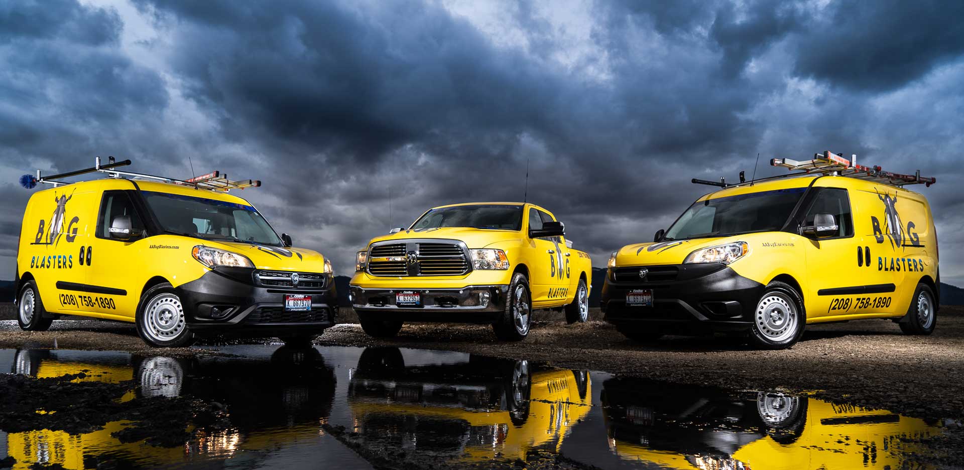 Bug Blasters pest control service vehicle fleet.